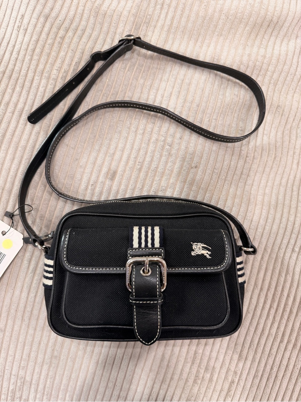 Burberry Black Canvas Crossbody with Striped Webbing and Buckle